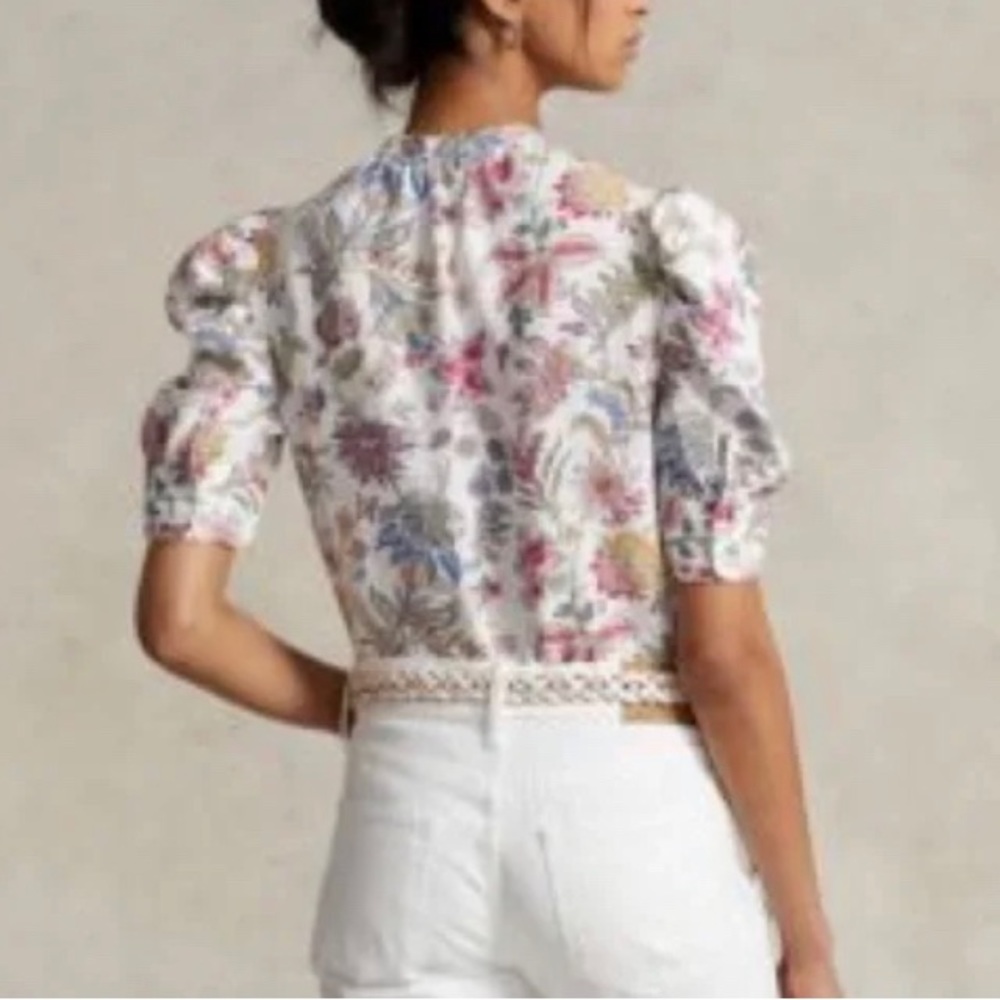 Polo Ralph Lauren Tie Neck Floral Print Linen Blouse, White/Multicolor NWOT - Picture 2 of 9